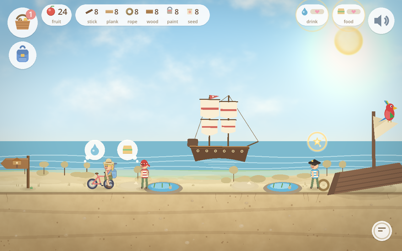A beach with a pirate ship out at sea